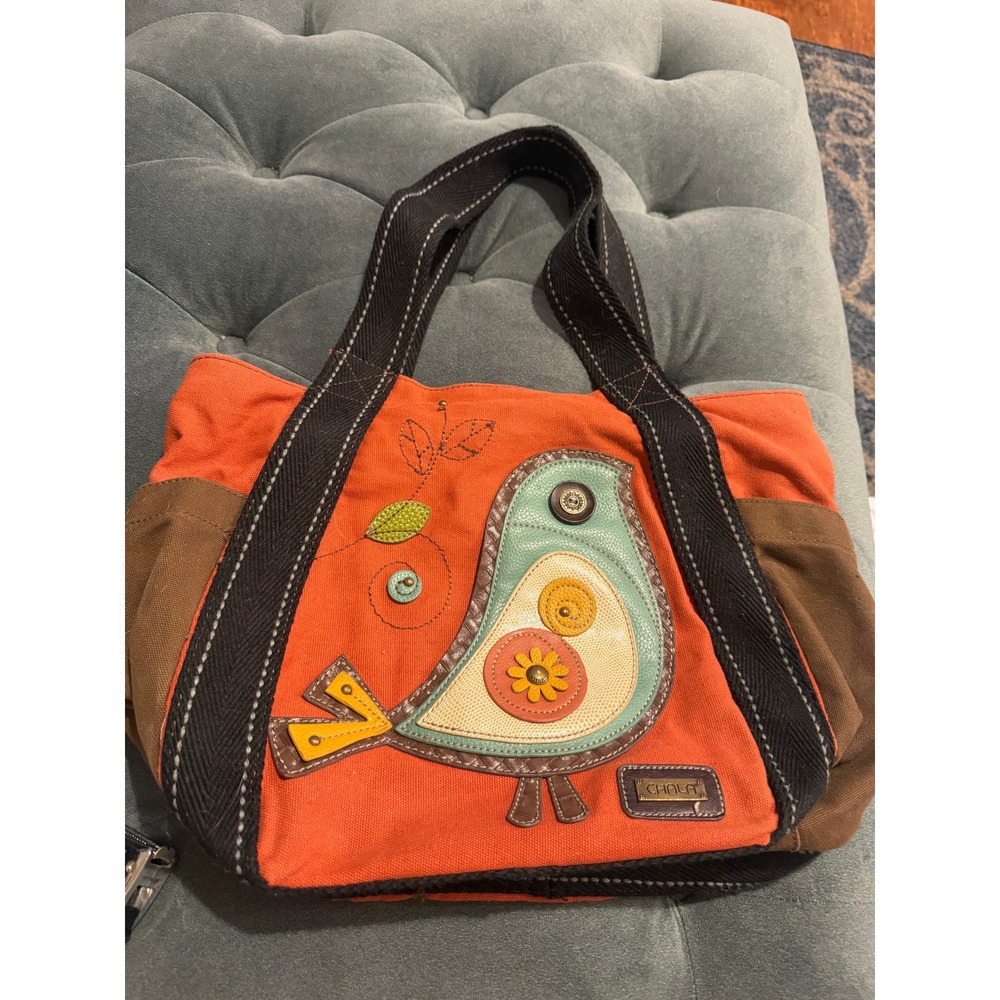 Chala Handbags Orange Canvas Bird Applique Tote Bag Whimsical Boho Shoulder Bag